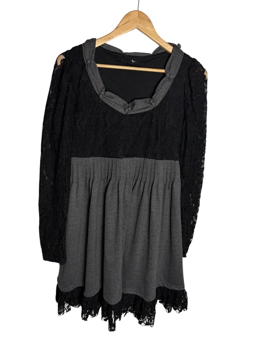 Ryu: black & gray pleated lace Lolita goth mini dress size L